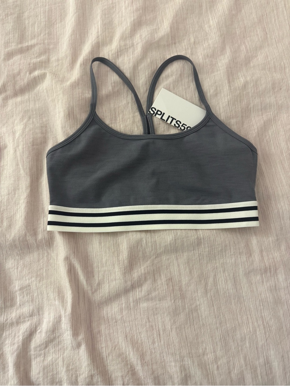 Splits59 Charcoal Gray Strappy Sports Bra with Stripe Band